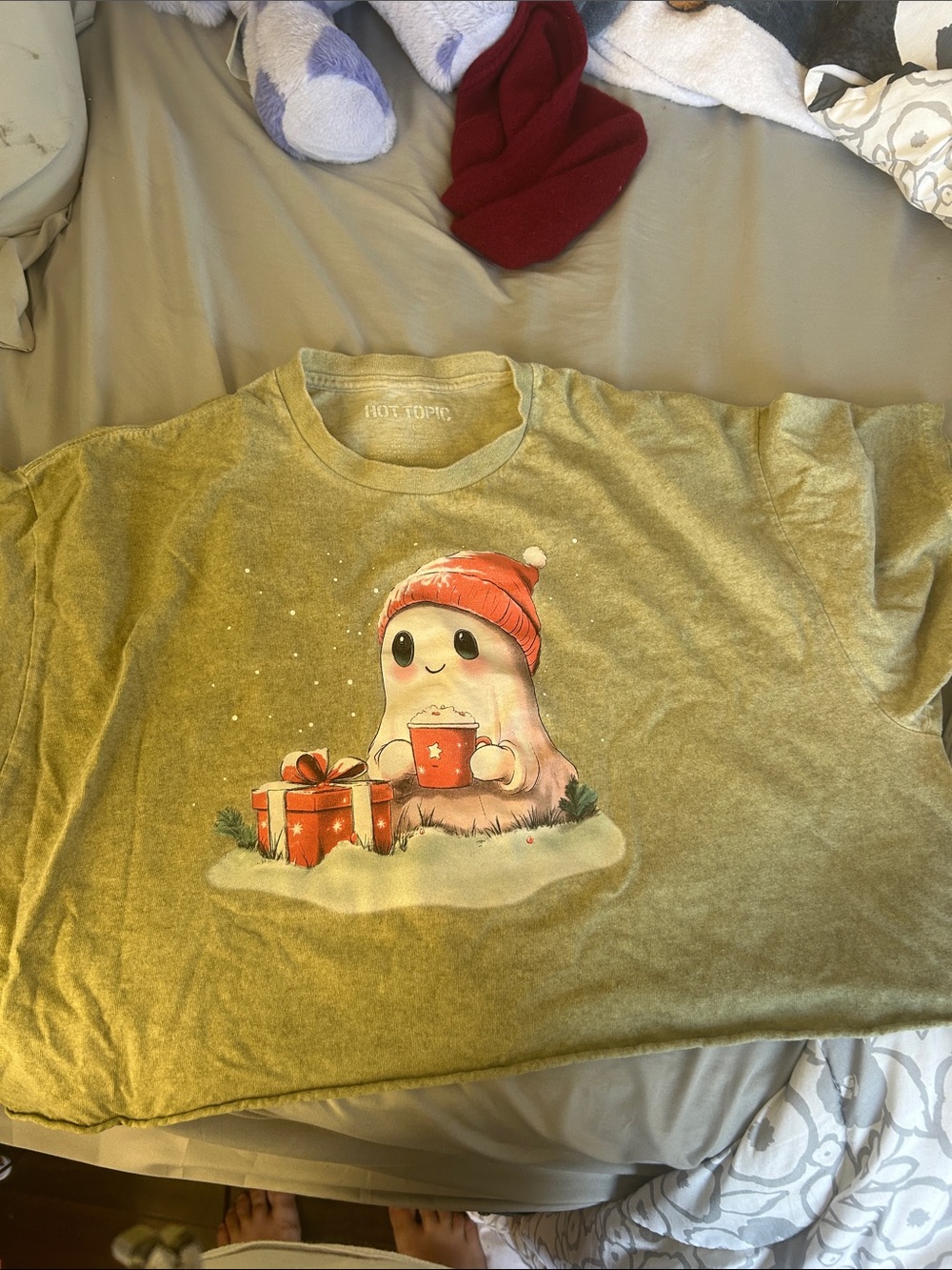 Hot Topic Olive Green Ghost Crop Top with Red Holiday Accents